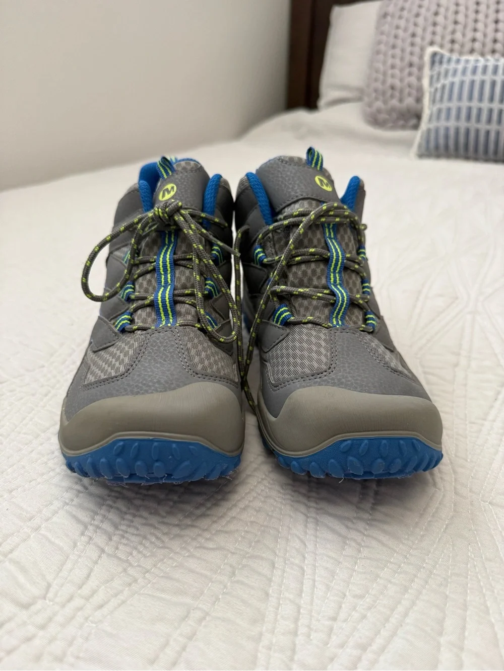 Merrell Gray and Blue Trail boots with Neon Green Accents